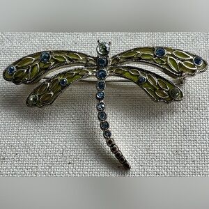 Vintage Dragonfly Brooch with Green Enamel & Blue Rhinestones – Nature Inspired